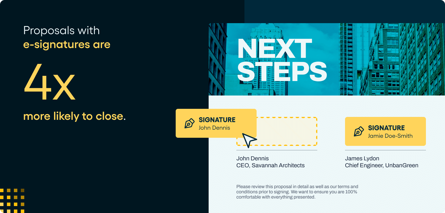 A proposal page with e-signature buttons and stat that shows documents with electronic signatures close four times faster.